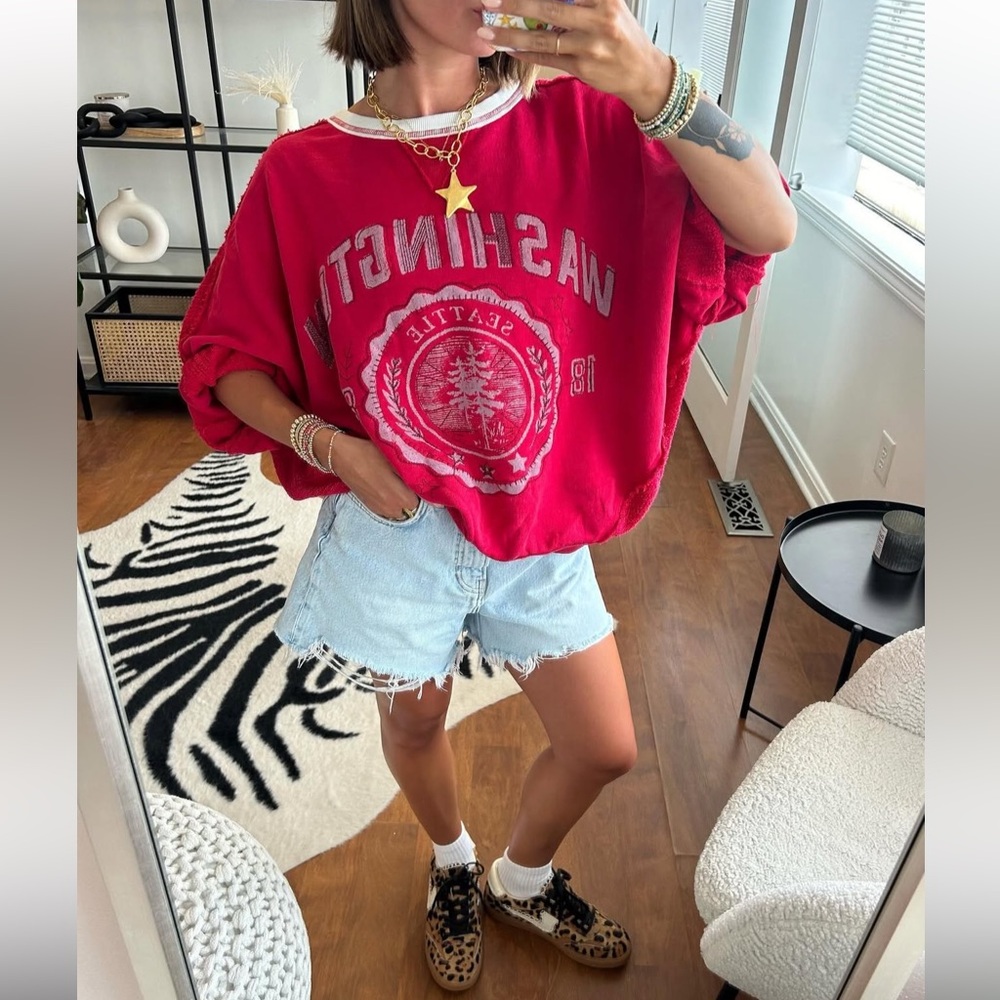 Free People Oversized Graphic Sweatshirt in Red with White Trim